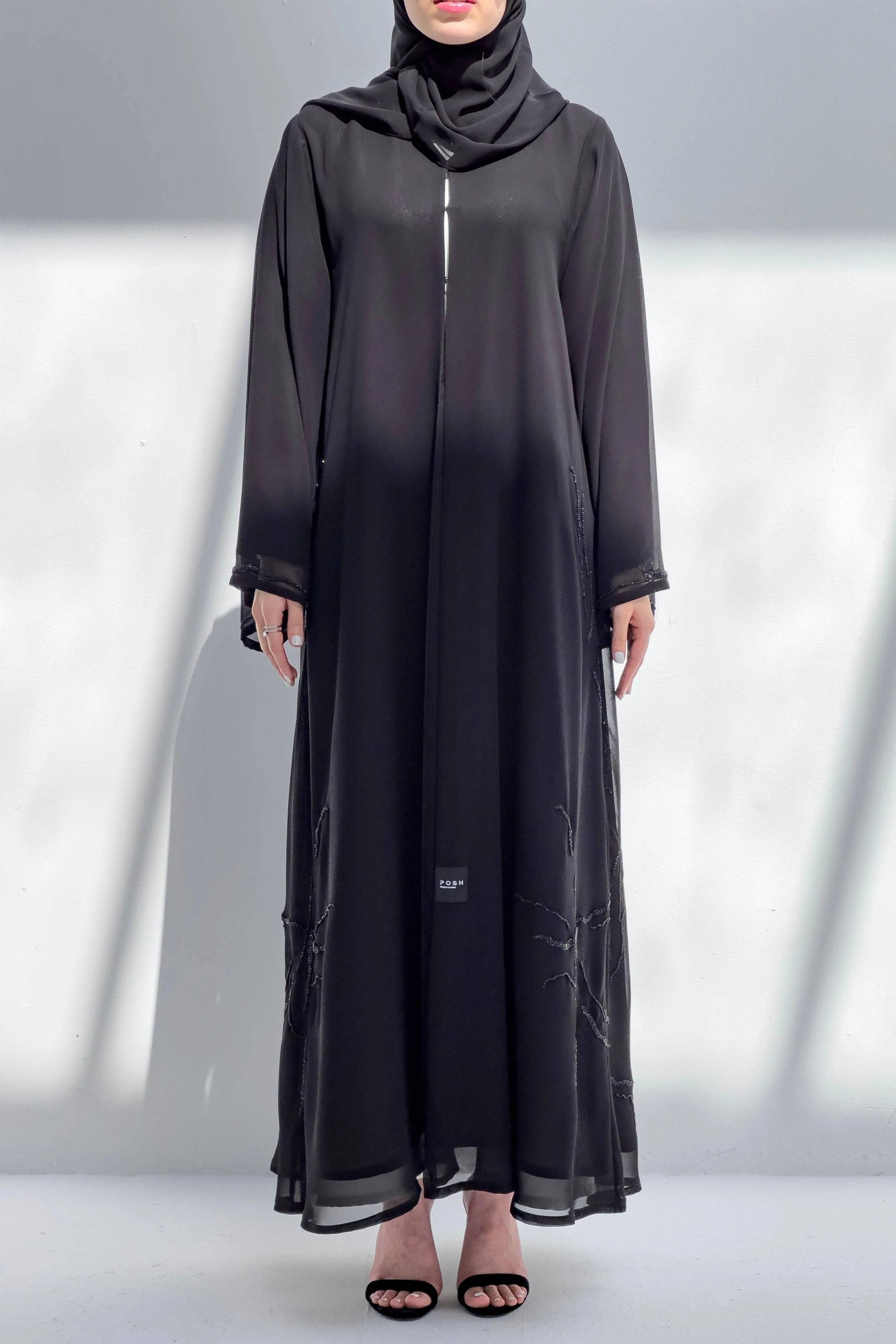 Black Chiffon Custom Abaya with Side Modest Lines Beadwork - Posh Abaya