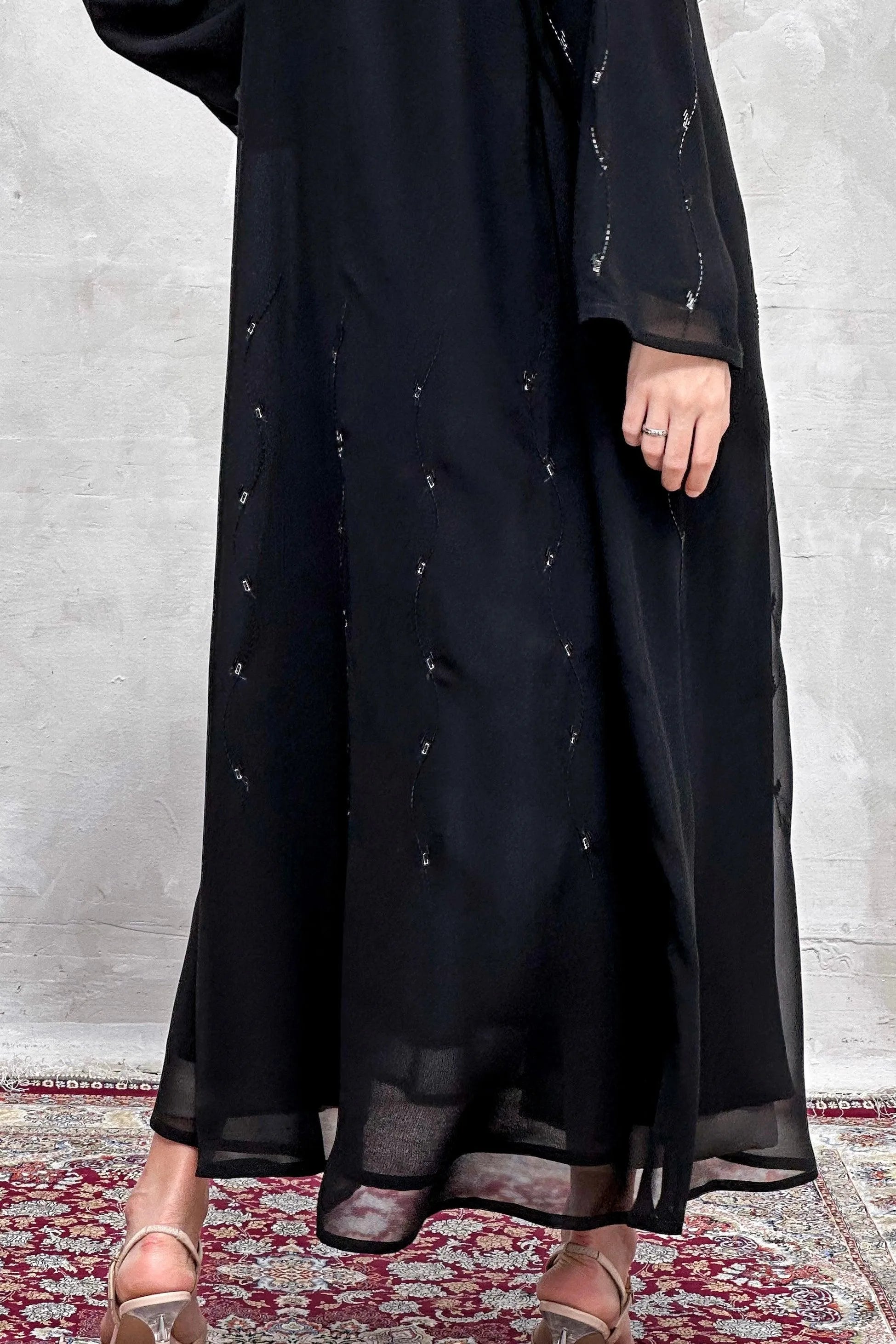 Black Chiffon Custom Abaya with Black and Silver lines Beadwork - Posh Abaya