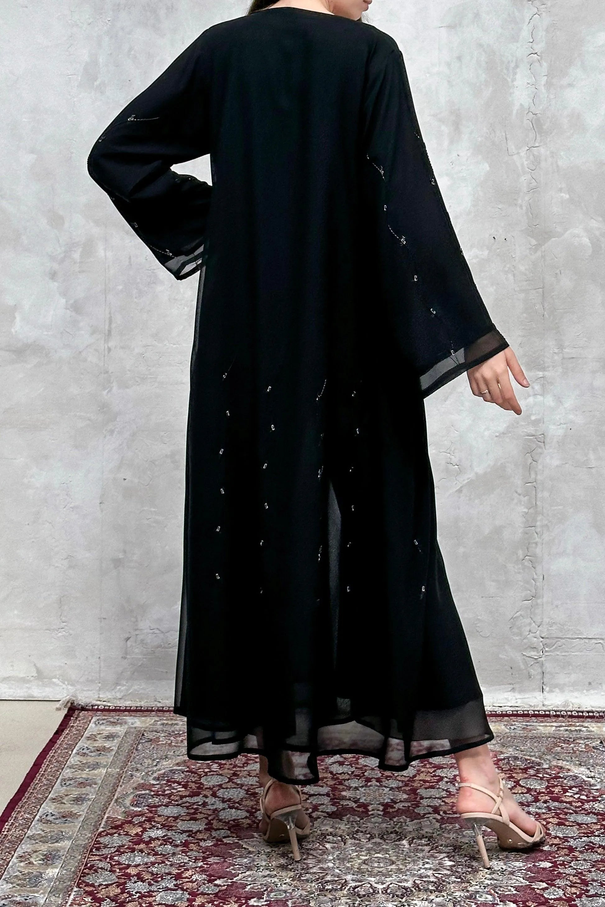 Black Chiffon Custom Abaya with Black and Silver lines Beadwork - Posh Abaya