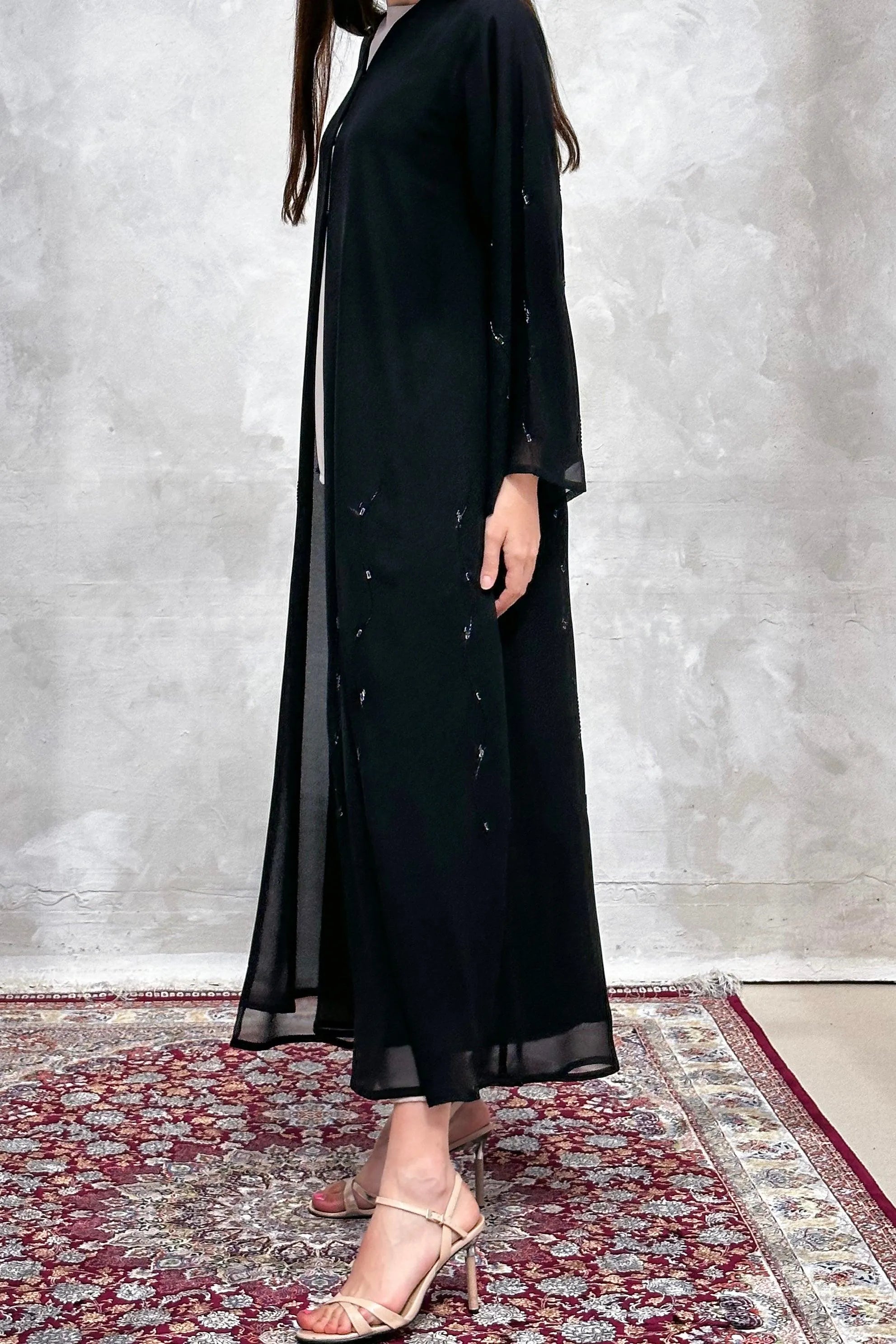 Black Chiffon Custom Abaya with Black and Silver lines Beadwork - Posh Abaya