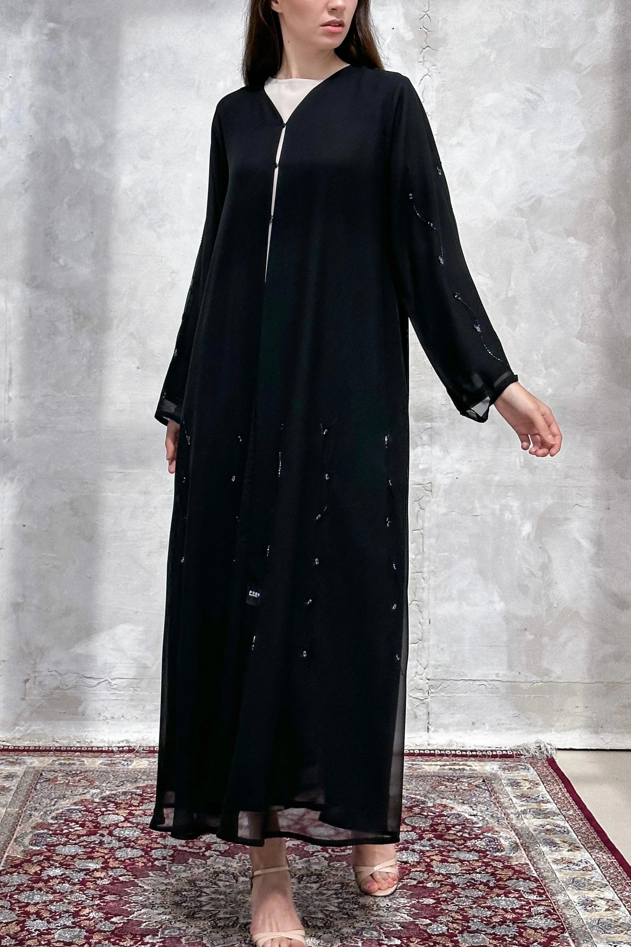 Black Chiffon Custom Abaya with Black and Silver lines Beadwork - Posh Abaya