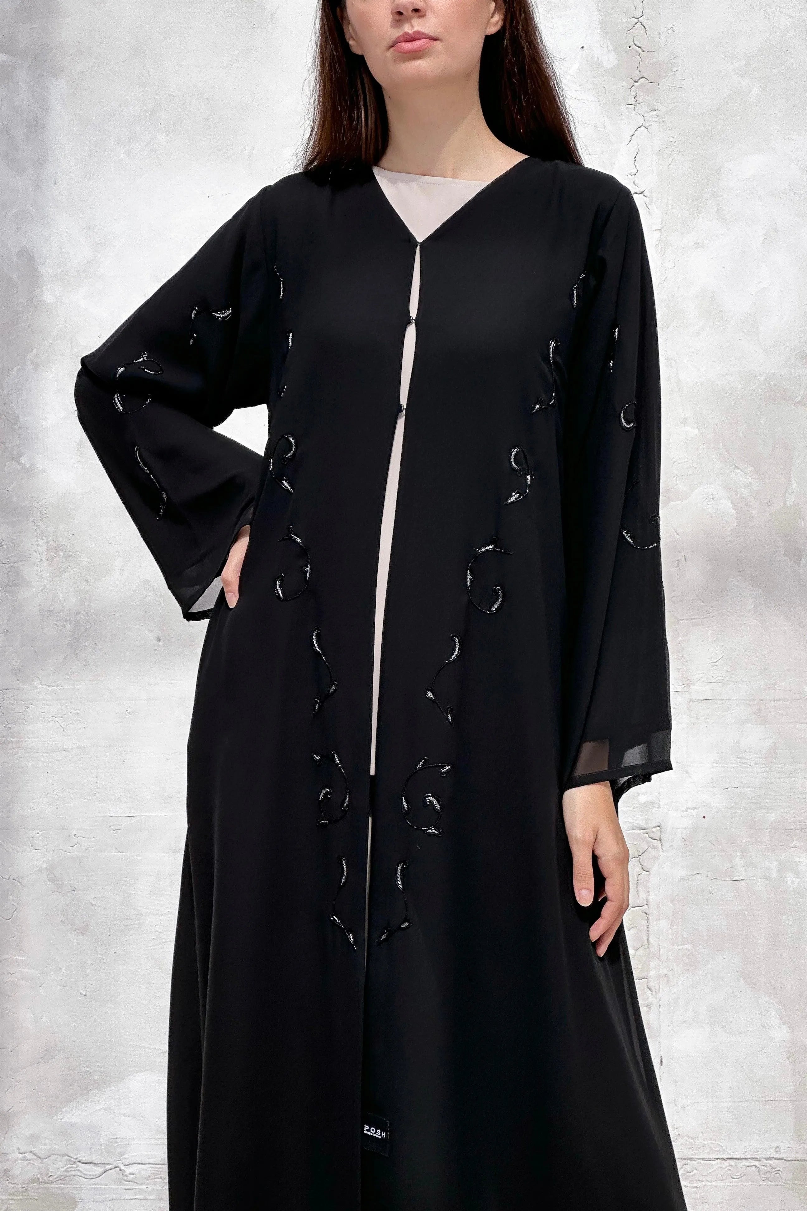 Black Chiffon Flared Custom Abaya with Shiny Black and Silver Beadwork - Posh Abaya