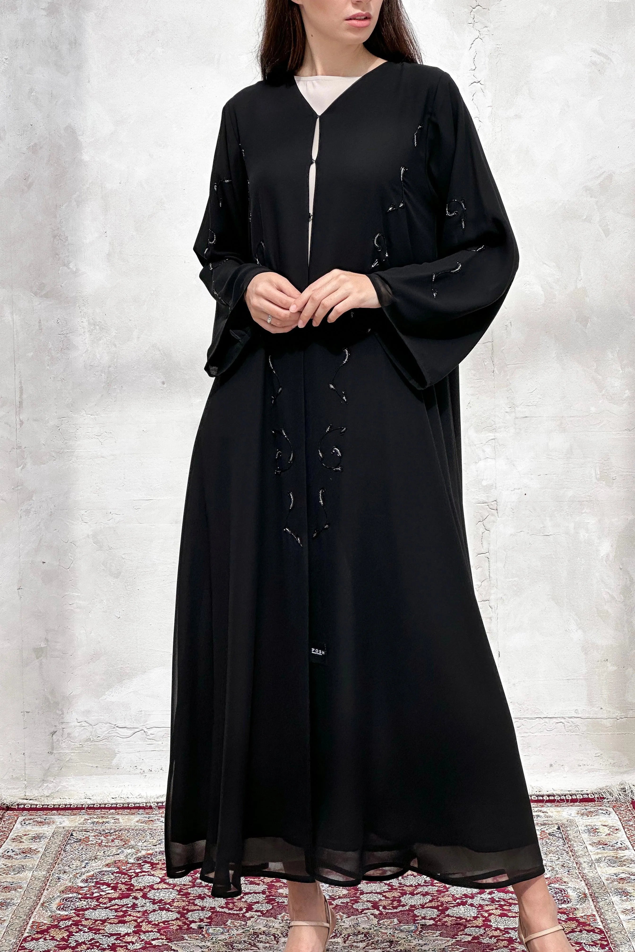 Black Chiffon Flared Custom Abaya with Shiny Black and Silver Beadwork - Posh Abaya