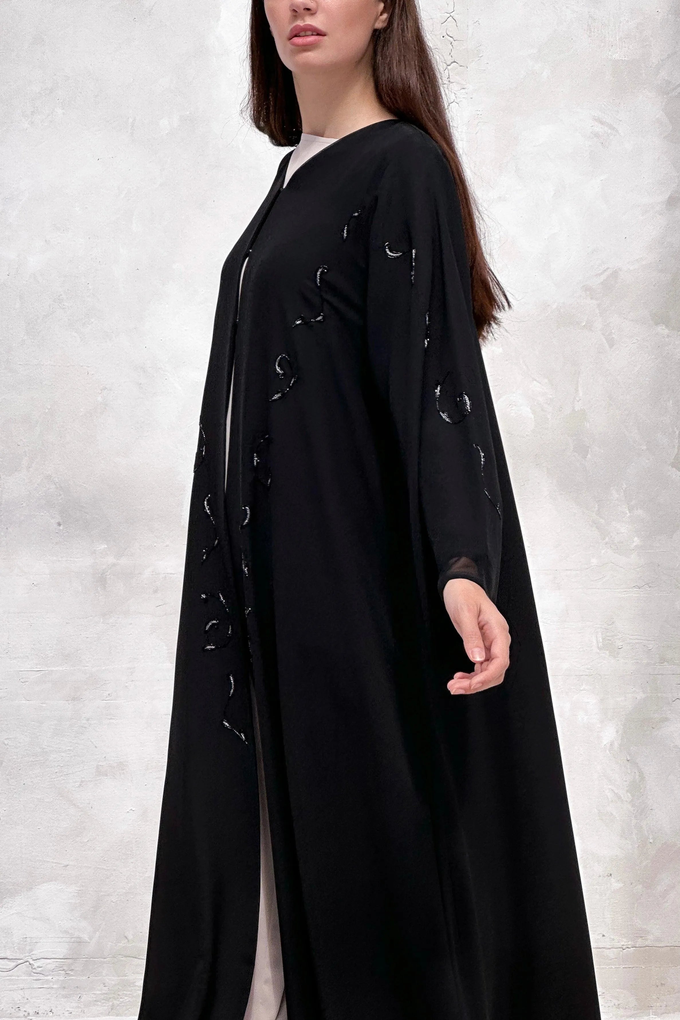 Black Chiffon Flared Custom Abaya with Shiny Black and Silver Beadwork - Posh Abaya