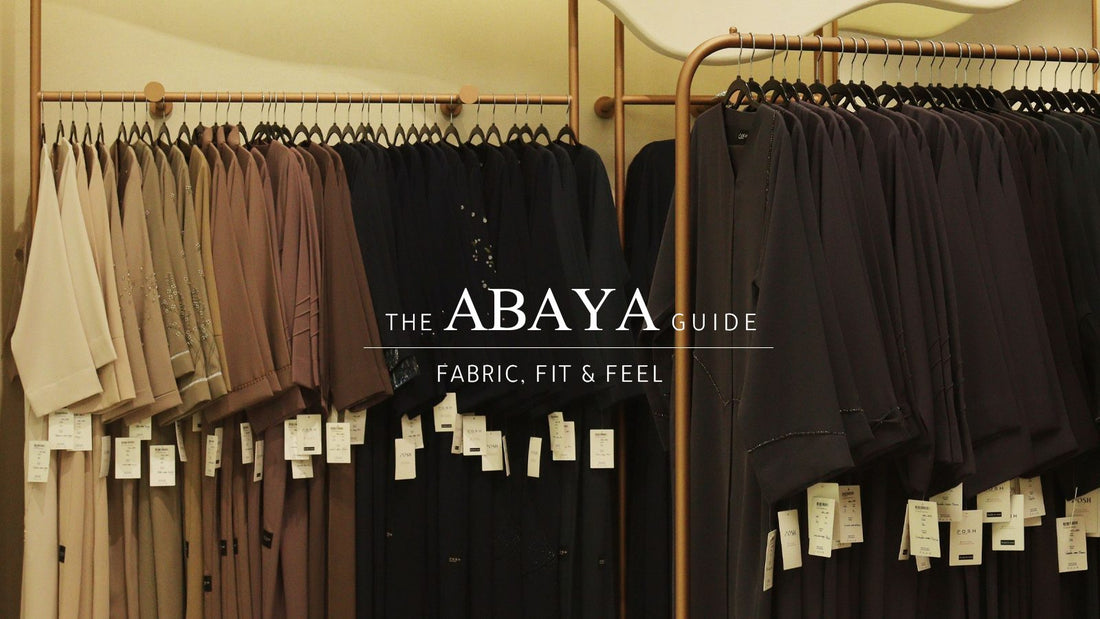 The abaya guide to fabric, fit and feel: abayas in neutral and dark tones on rails