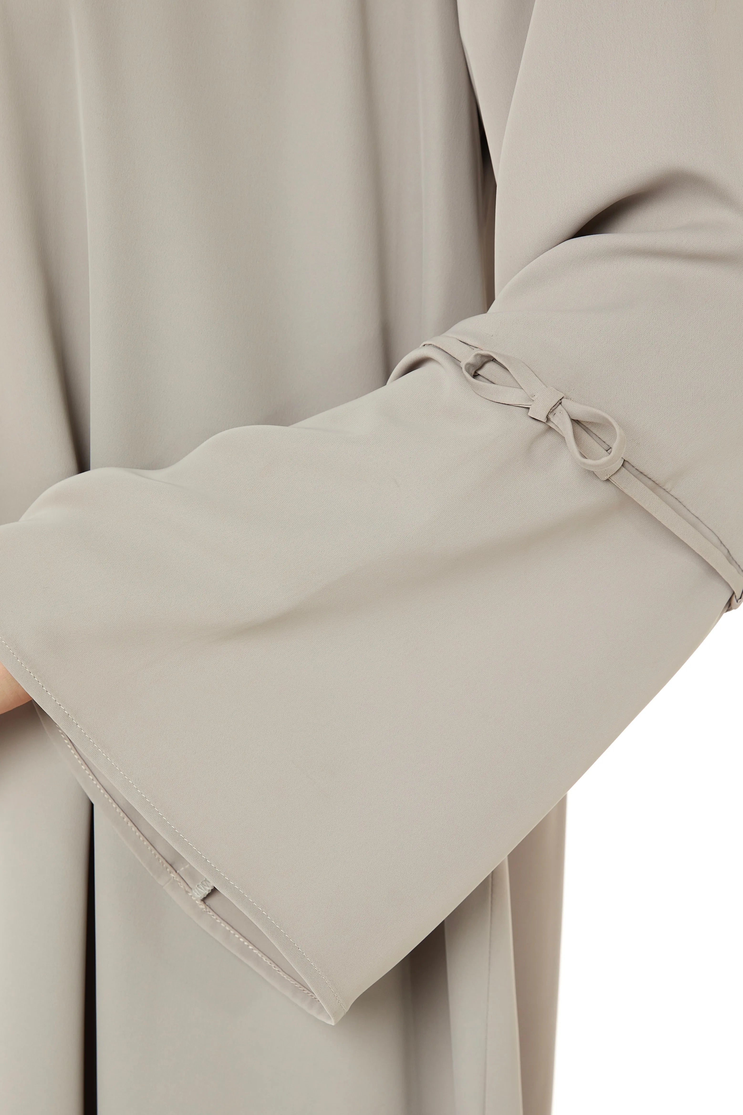 Beige Cool Crepe Abaya with Miniature Bow Ties on Sleeves - Posh Abaya