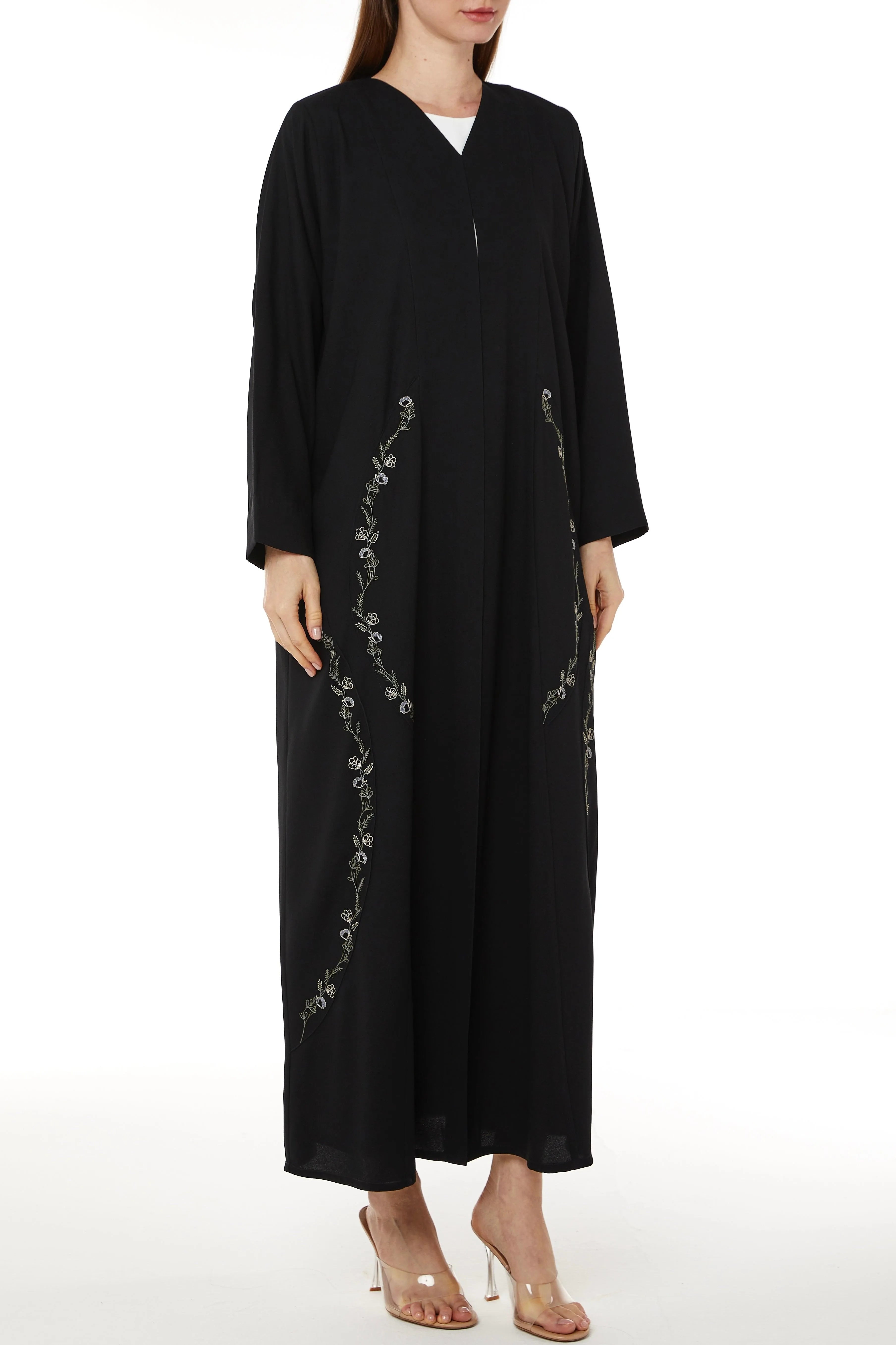 Black Acacia Crepe Abaya with Embroidered Front Cuts - Posh Abaya