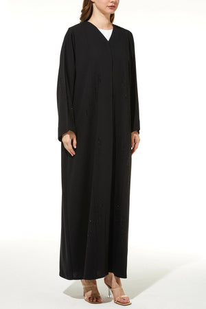 Black Rose Crepe Custom Abaya with Front Linear Beadwork