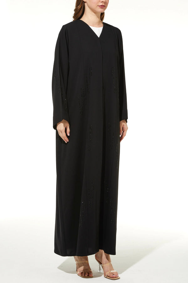 Black Rose Crepe Custom Abaya with Front Linear Beadwork