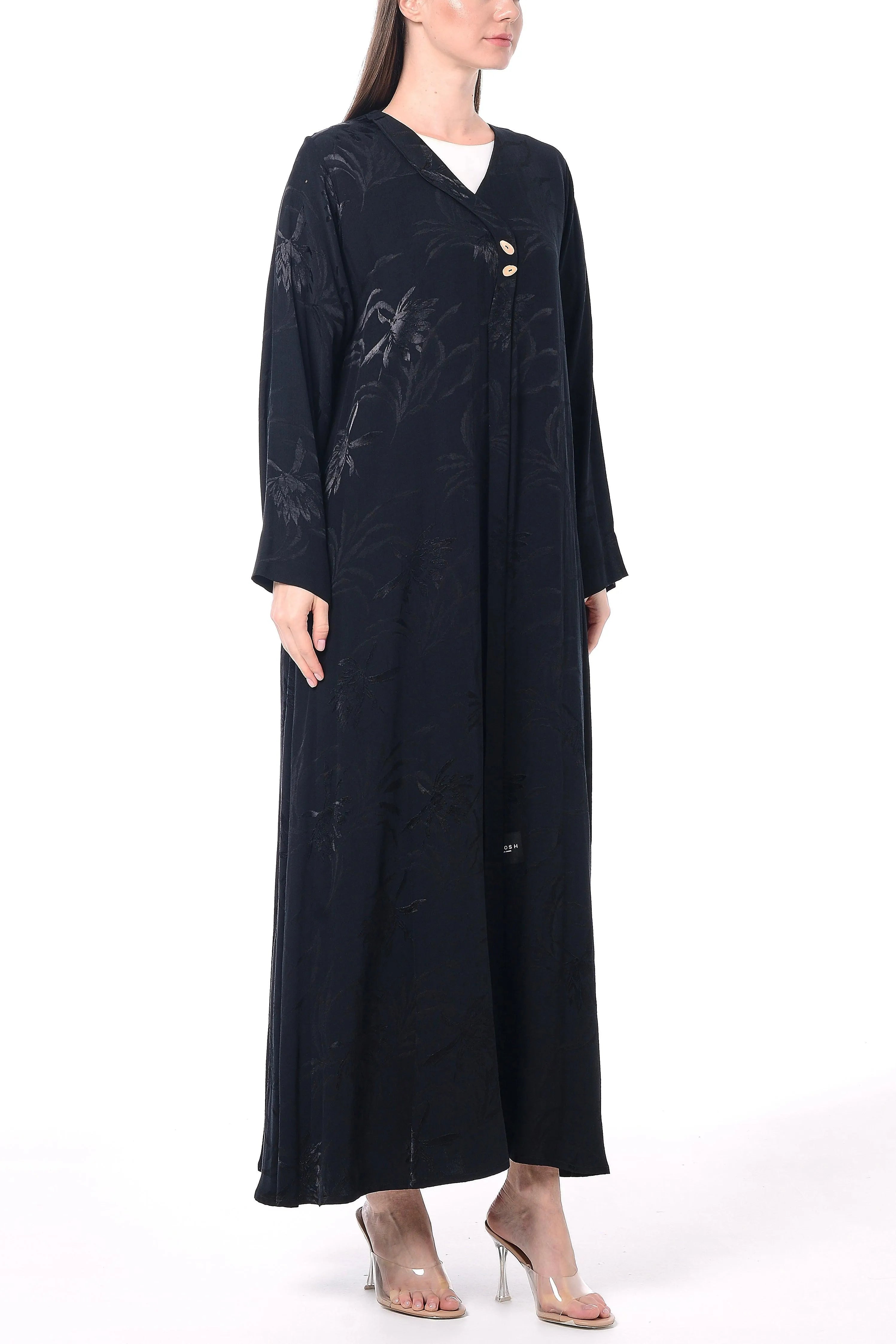 Black Flora Cupro Abaya with Front Overlap Detail - Posh Abaya