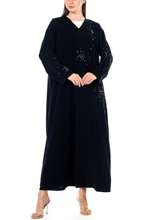 Black Layan Crepe Custom Abaya with Crystal Beadwork Detail