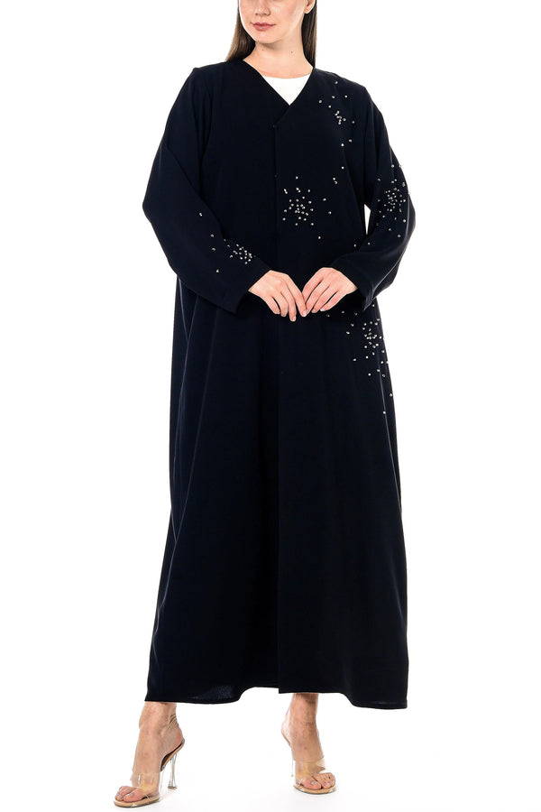 Black Layan Crepe Custom Abaya with Crystal Beadwork Detail