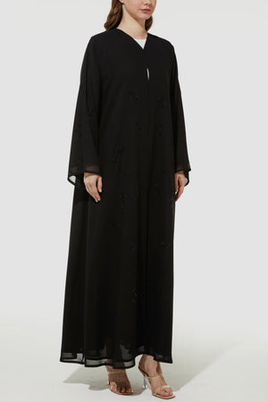 Custom Beaded Shadow Detail Flared Chiffon Custom Abaya  Black Abaya
