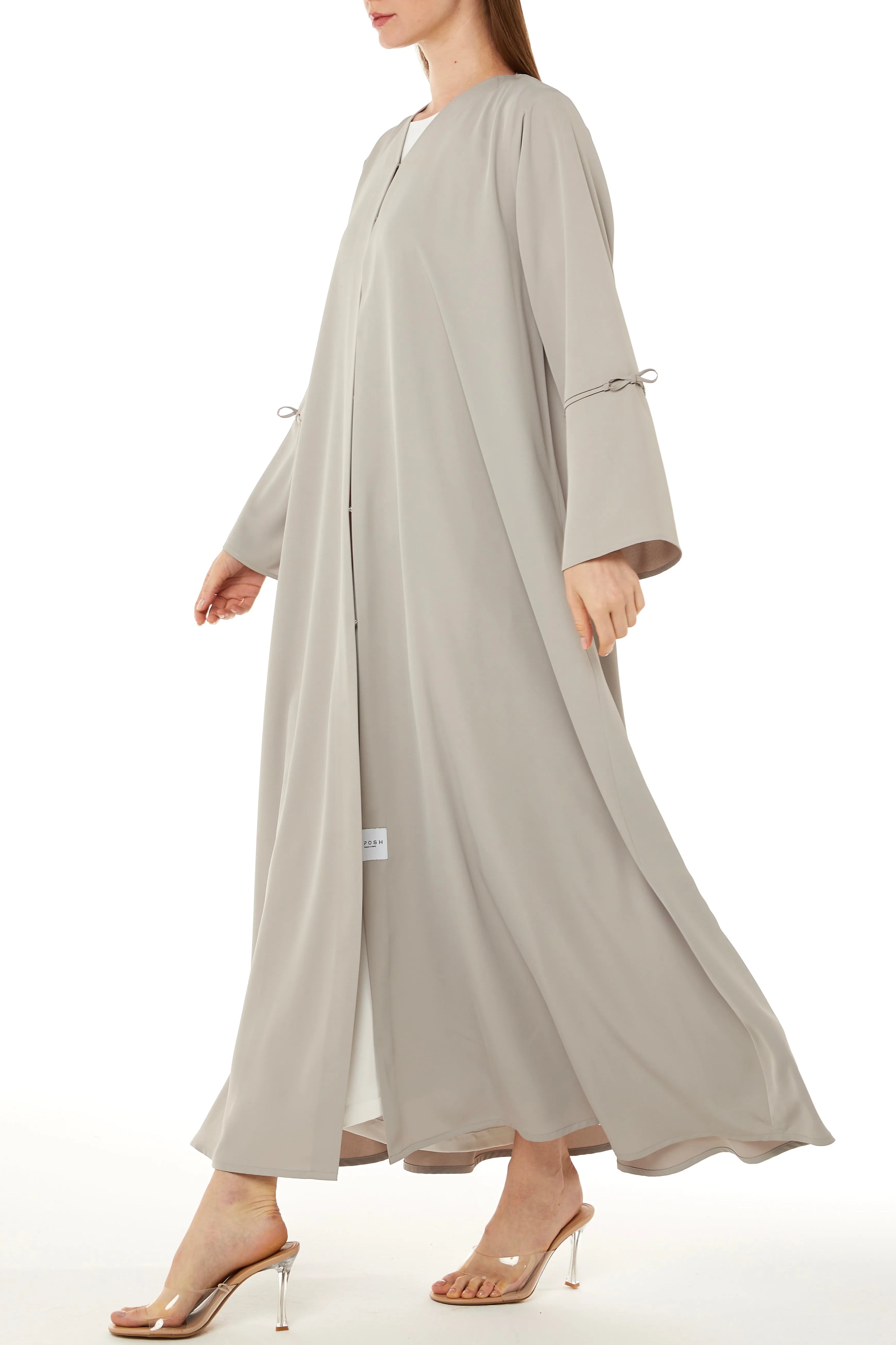 Beige Cool Crepe Abaya with Miniature Bow Ties on Sleeves - Posh Abaya