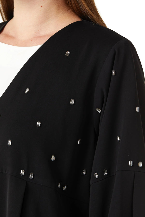 Black Aria Crepe Custom Abaya with Front Pleats with Beaded Front Panel and Flared Sleeves