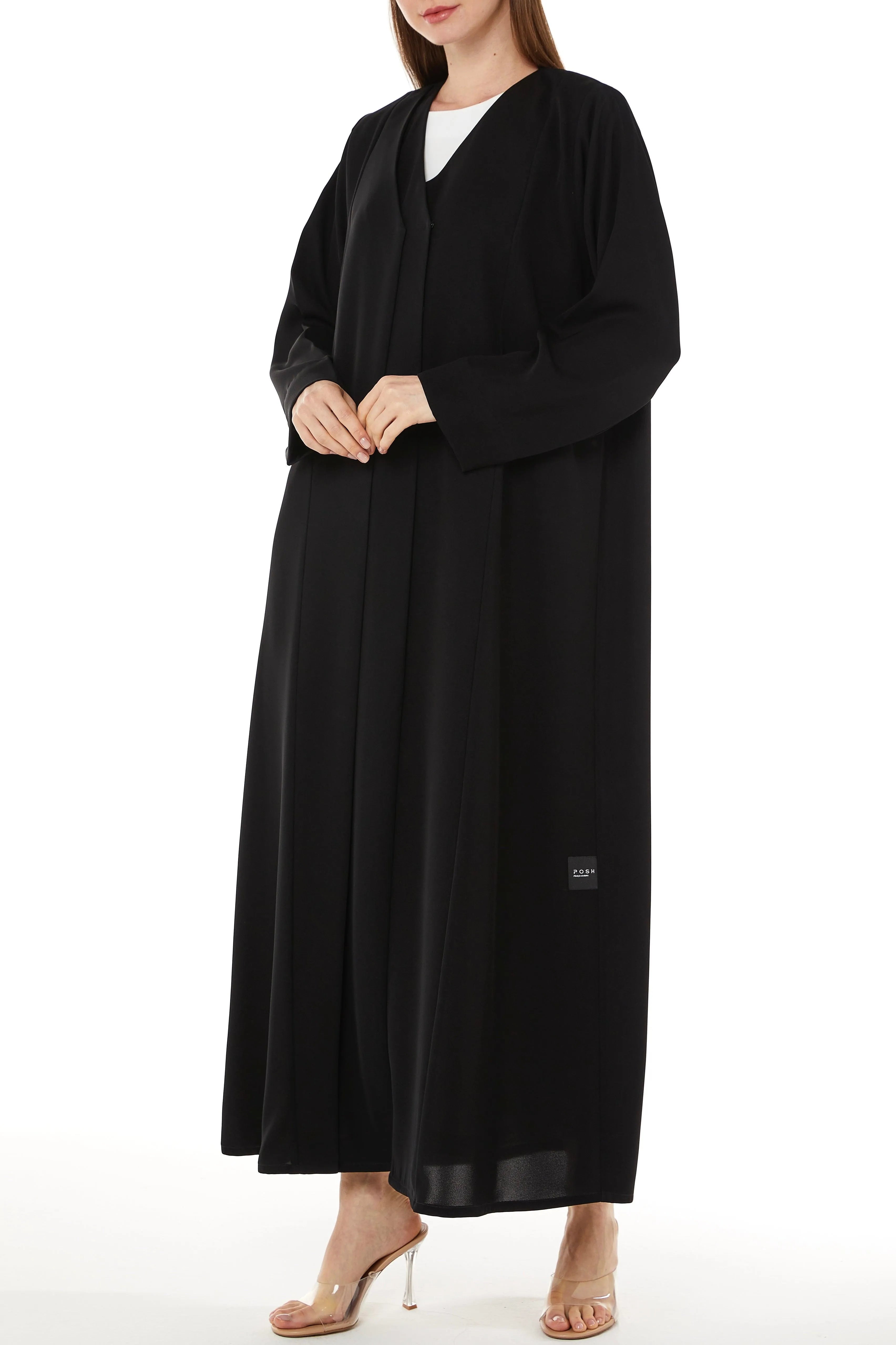 Black Farasha Crepe Abaya with Front Double Overlap - Posh Abaya