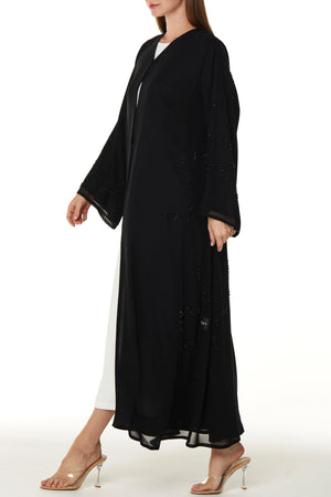 Black Malika Chiffon Custom Abaya with Front Beadwork Detail