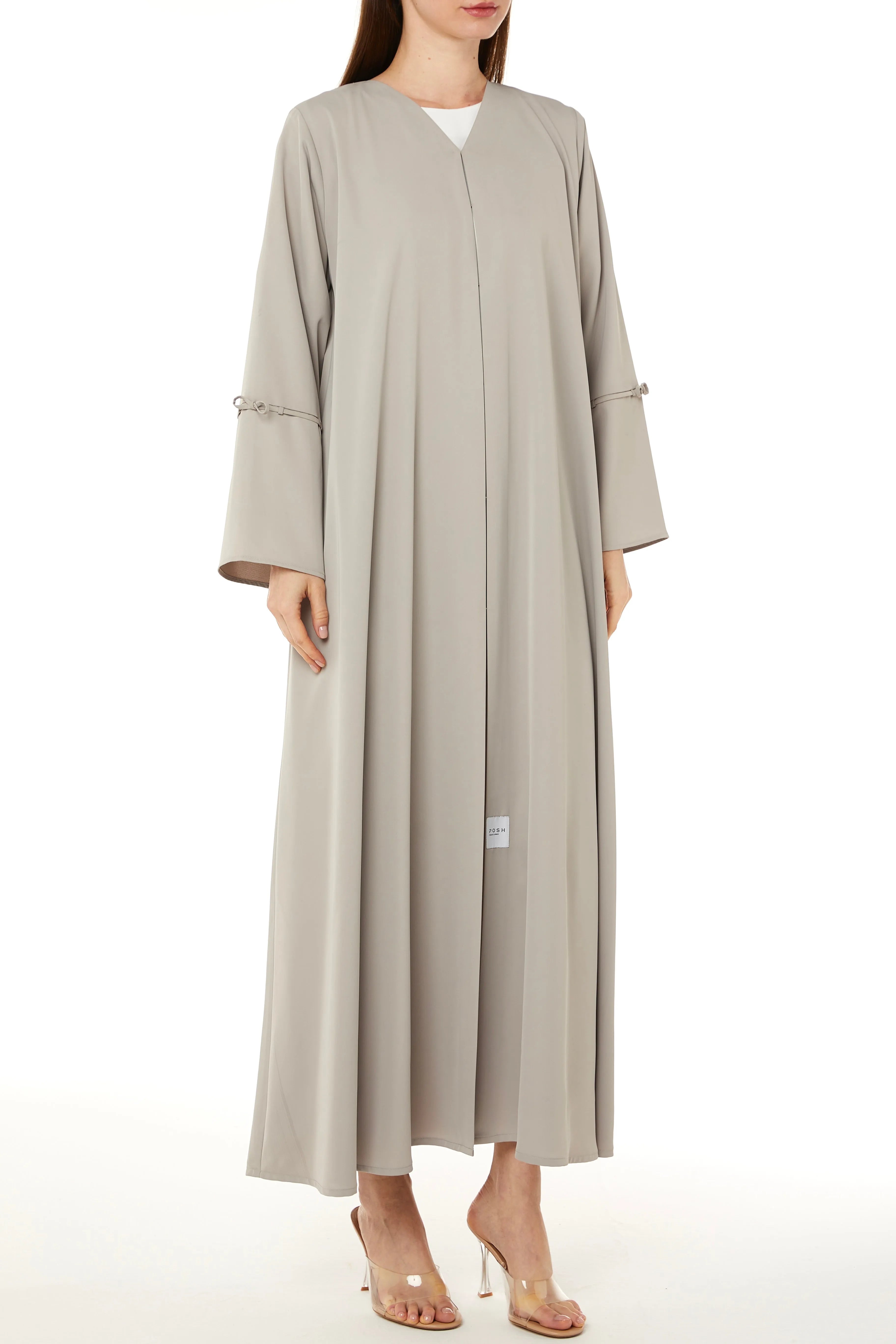 Beige Cool Crepe Abaya with Miniature Bow Ties on Sleeves - Posh Abaya