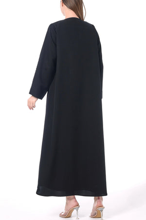 Black Emarati Crepe Custom Abaya with Front Overlap and Beadwork Details