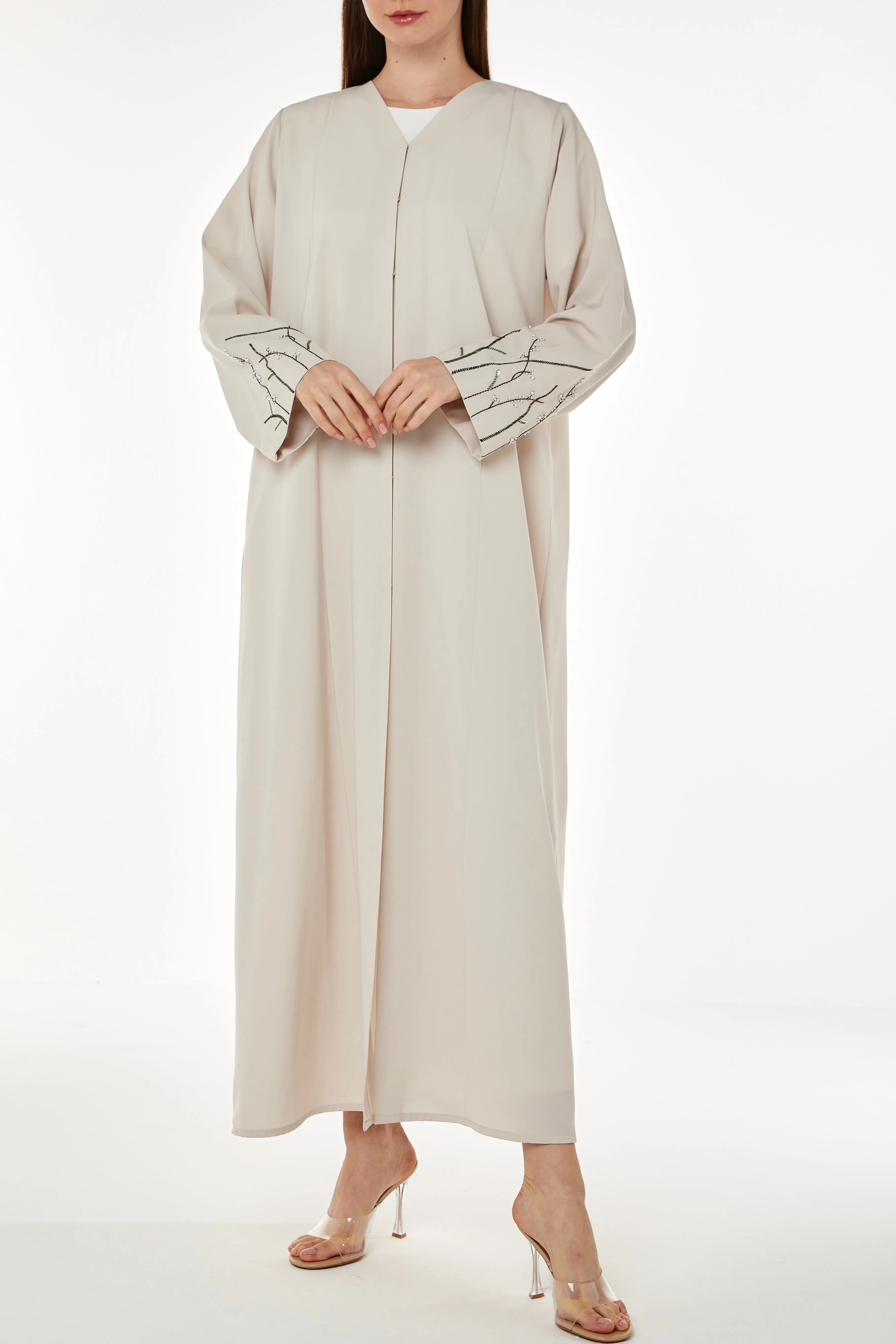 Beige Tokyo Crepe Abaya with Sleeves Embelishments - Posh Abaya