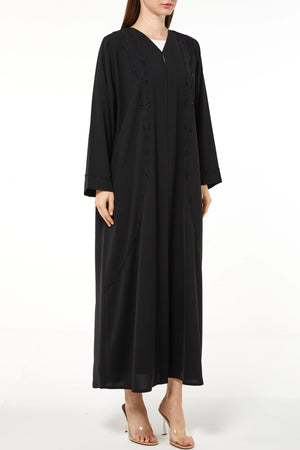 Black Tiana Crepe Custom Abaya with Front Art Lines Beadwork