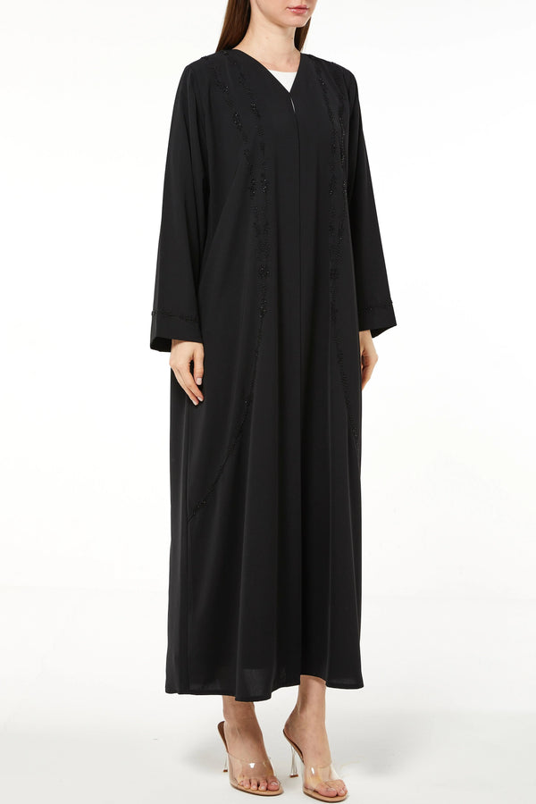 Black Tiana Crepe Custom Abaya with Front Art Lines Beadwork