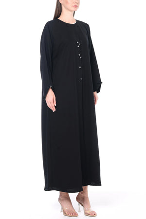 Black Emarati Crepe Custom Abaya with Beaded Fabric Buttons