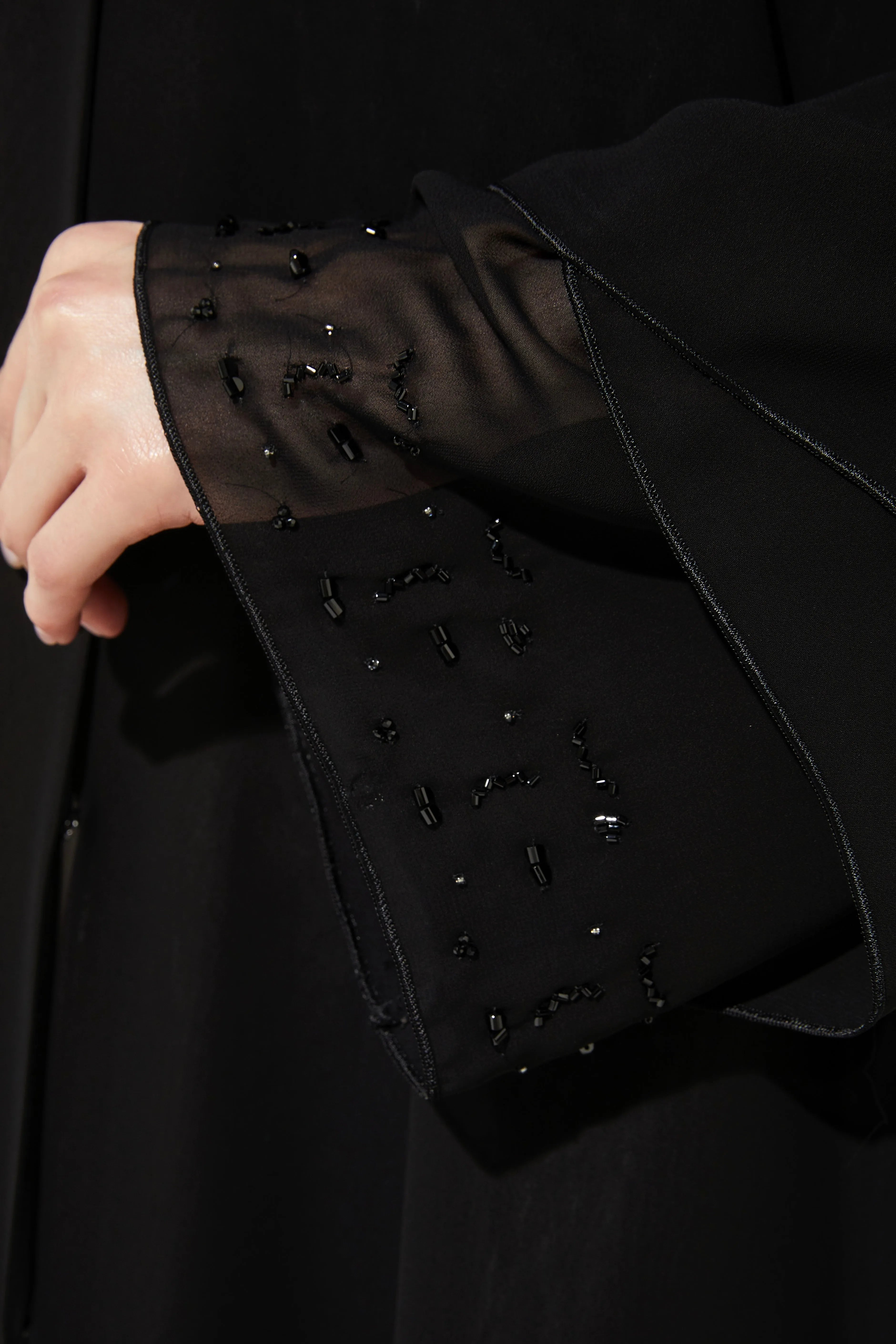 Silver touch Bead on Chiffon Flare Black Abaya - Posh Abaya