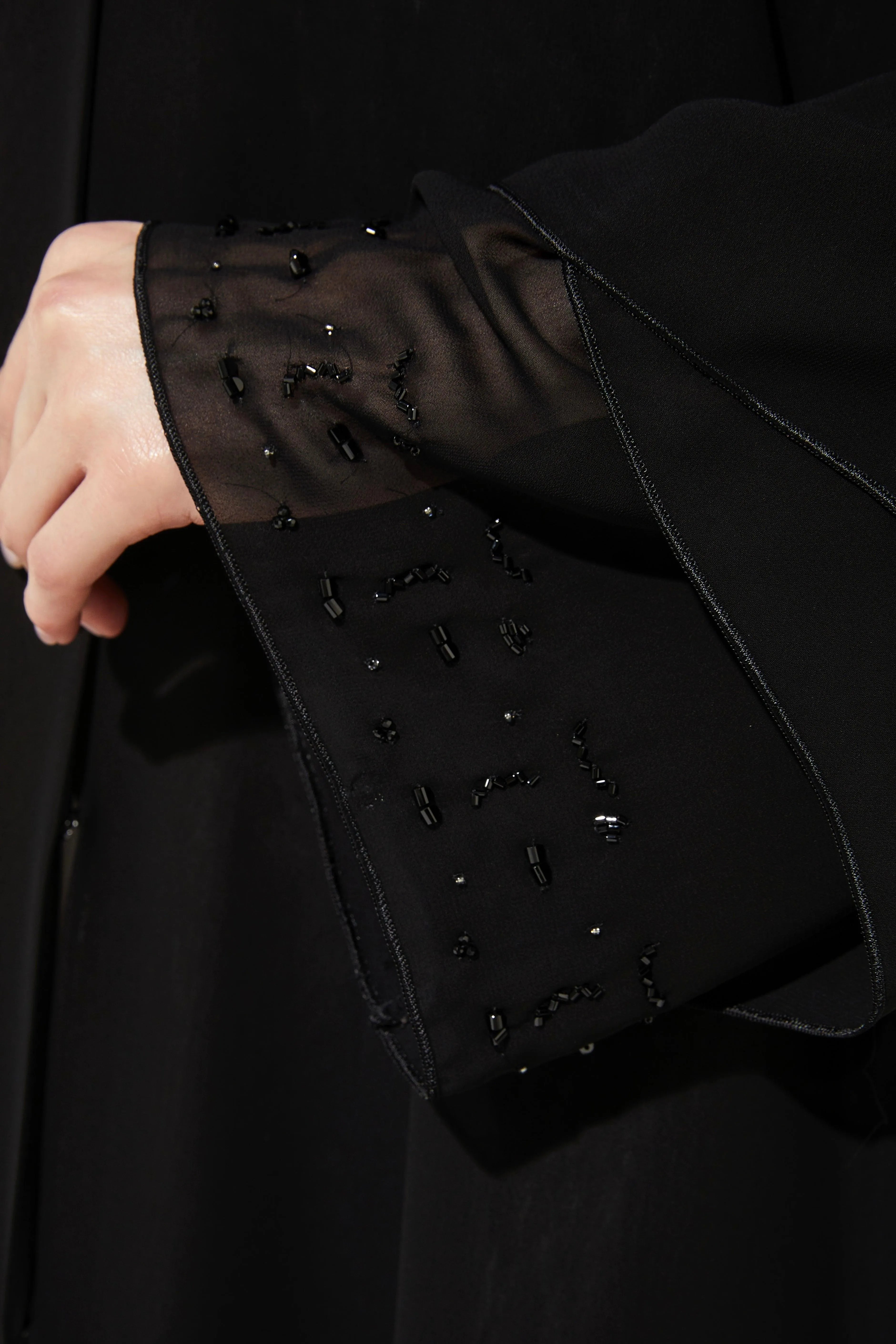 Black Layered Chiffon Flared Custom Abaya with Black & Silver Beadwork - Posh Abaya