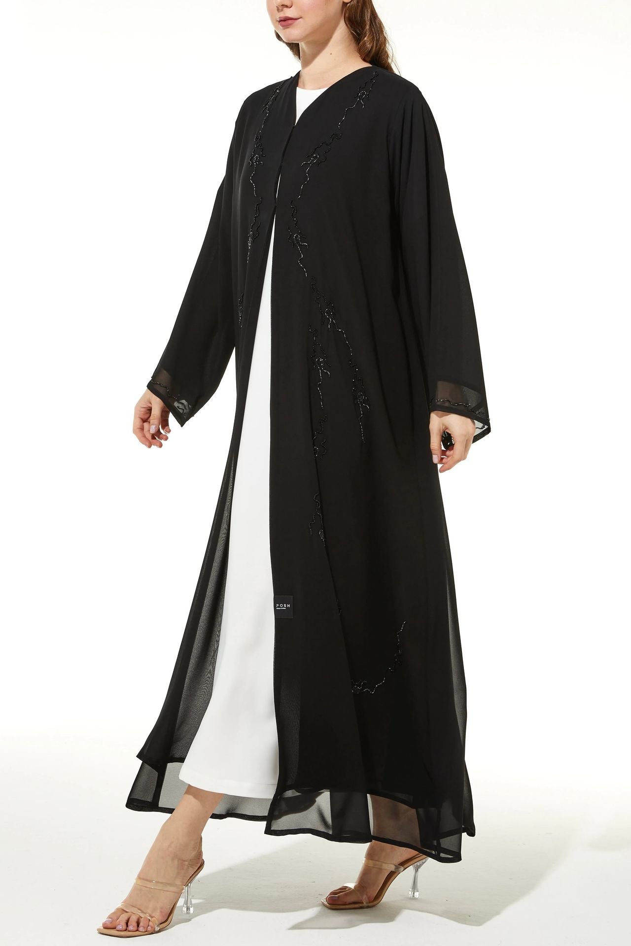 Streak Flared Chiffon Black and Silver Abaya - Posh Abaya