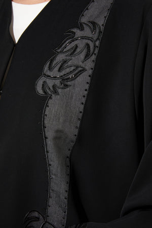 Black Classic Nada Custom Abaya with Front Semi Floral Beadwork