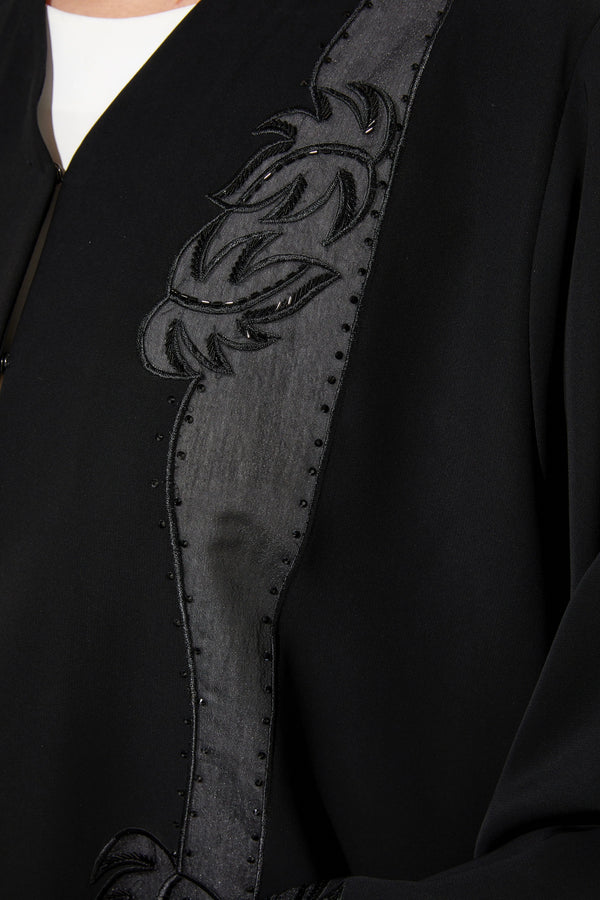 Black Classic Nada Custom Abaya with Front Semi Floral Beadwork