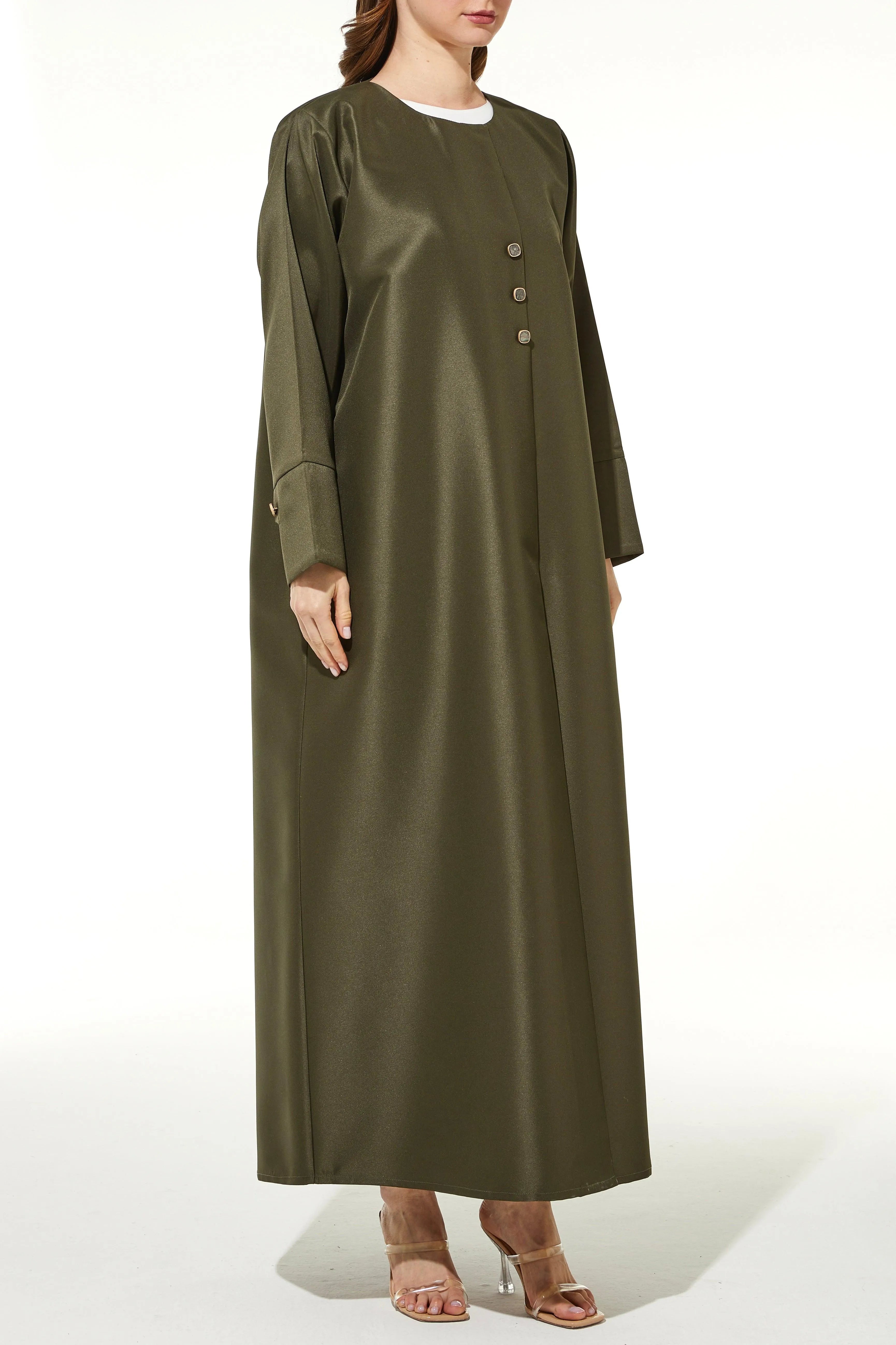 Green Oliva Satin Abaya with Overlap - Posh Abaya
