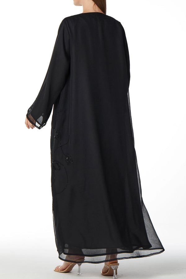 Silver Floral Flare Black  Custom Abaya