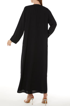 Black Farasha Crepe Custom  Abaya with Front Scattered Beadwork