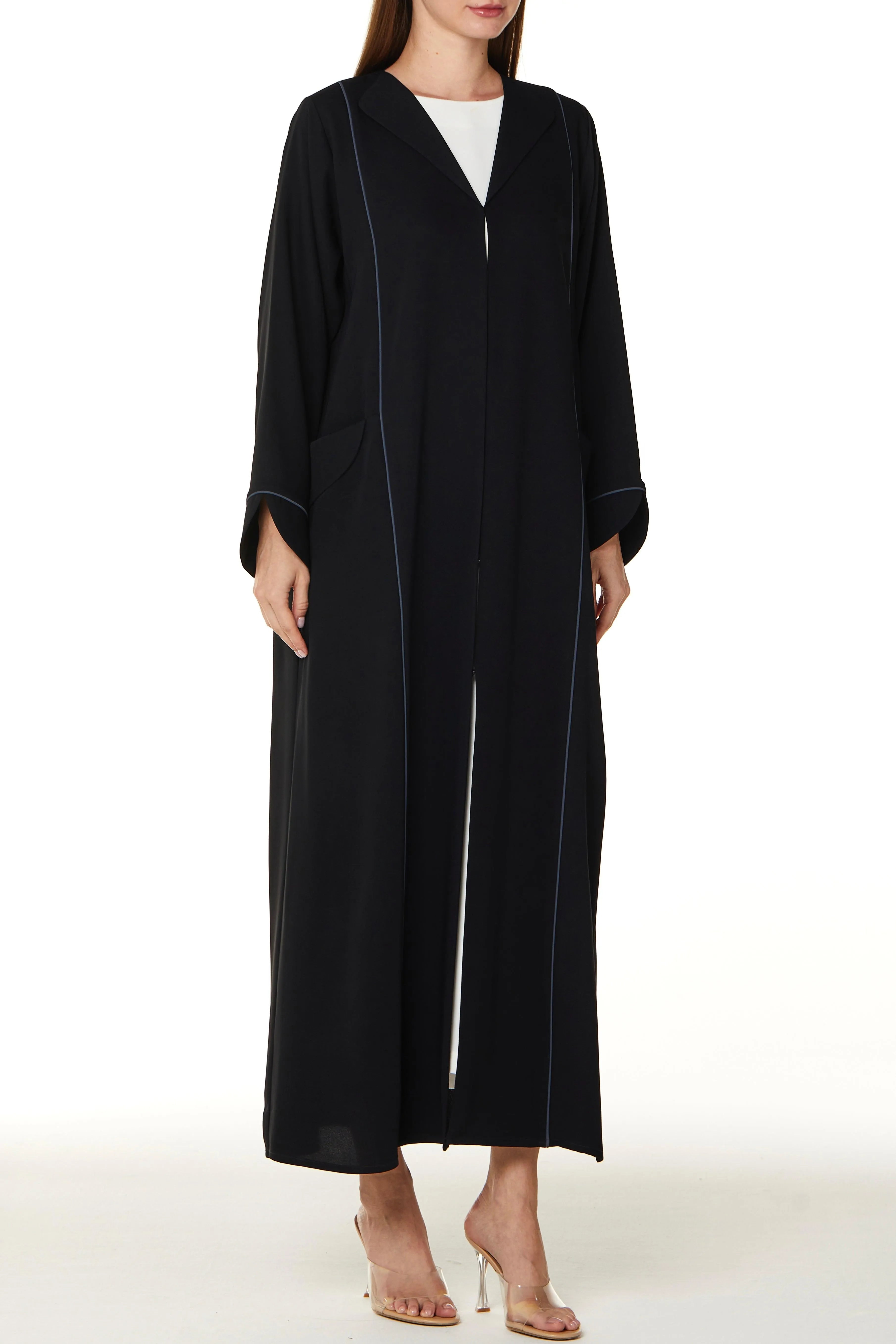 Black Layan Crepe Abaya with Collar and Piping Detail - Posh Abaya