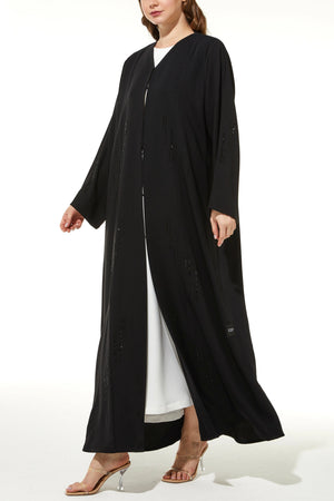 Black Rose Crepe Custom Abaya with Front Linear Beadwork