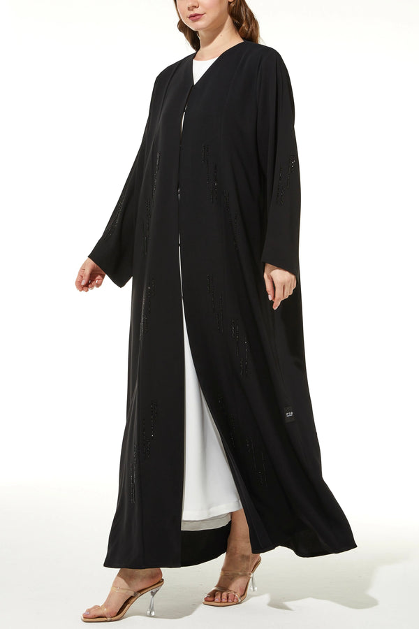 Black Rose Crepe Custom Abaya with Front Linear Beadwork