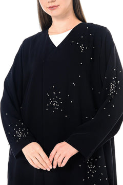 Black Layan Crepe Custom Abaya with Crystal Beadwork Detail