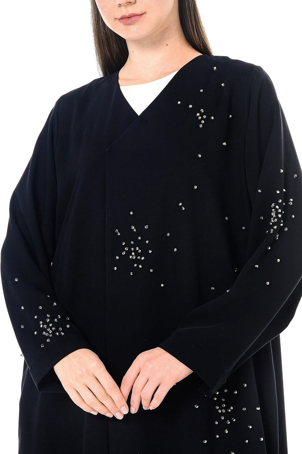 Black Layan Crepe Custom Abaya with Crystal Beadwork Detail