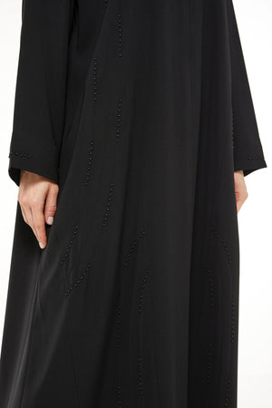 Black Tiana Crepe Custom Abaya with Front Beaded Pintuck