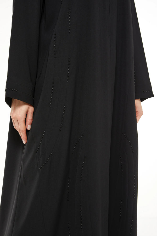 Black Tiana Crepe Custom Abaya with Front Beaded Pintuck