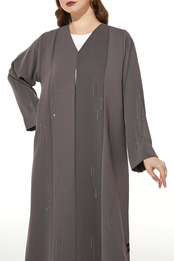 Light Brown Rose Crepe Abaya with Front Linear Beadwork - Posh Abaya