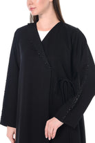 Black Emarati Crepe Abaya with Front Overlap and Beadwork Details - Posh Abaya