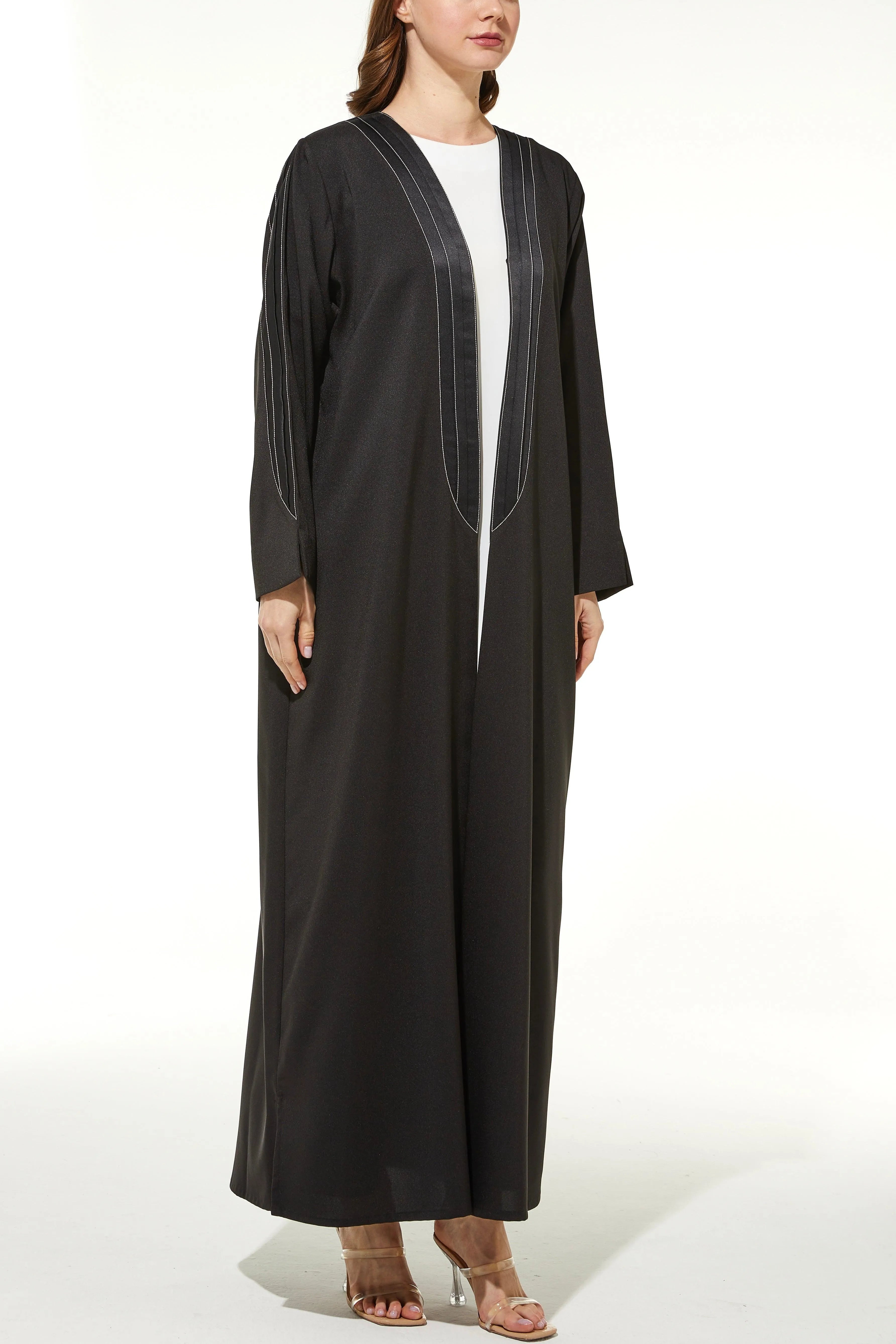 Crepe & Satin Bisht Black Abaya - Posh Abaya