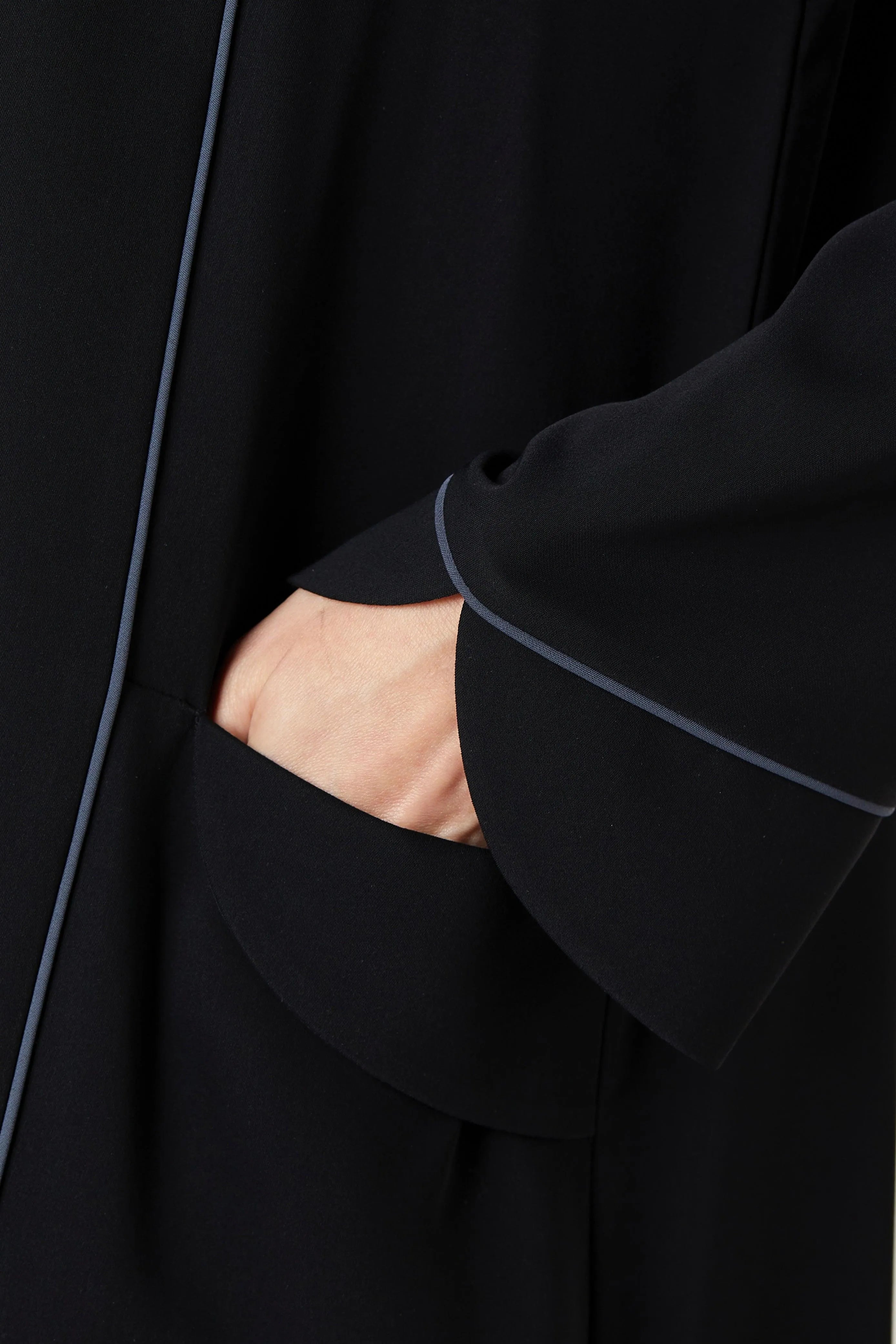 Black Layan Crepe Abaya with Collar and Piping Detail - Posh Abaya