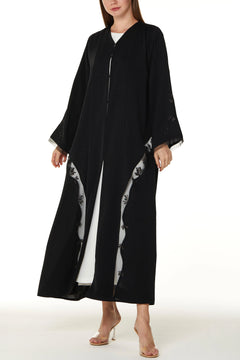 Black Royal Nada Custom Abaya, Side Beadwork with Net Panels