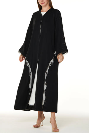 Black Royal Nada Custom Abaya, Side Beadwork with Net Panels