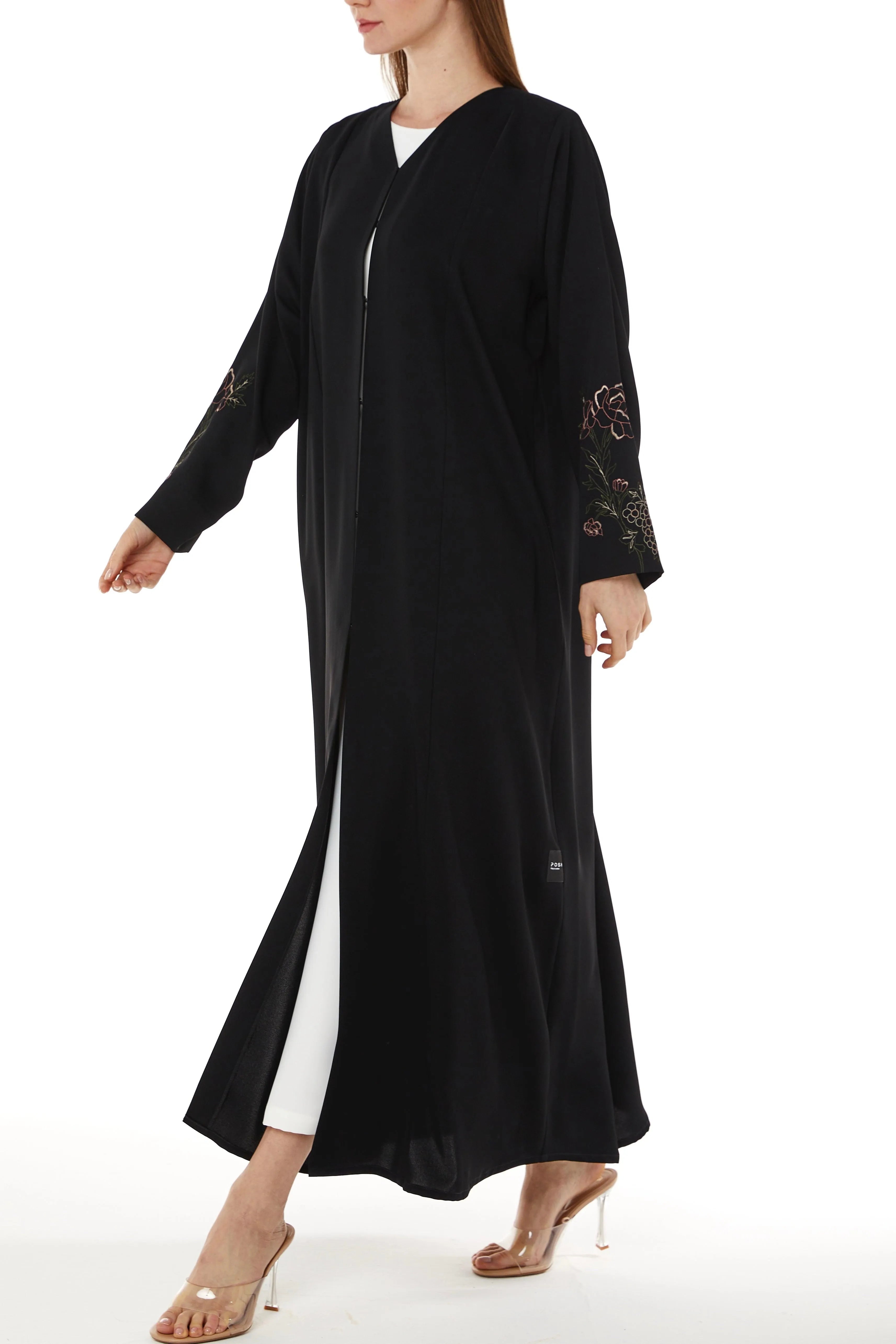 Black Layan Crepe Abaya with Floral Embroidered Sleeves - Posh Abaya