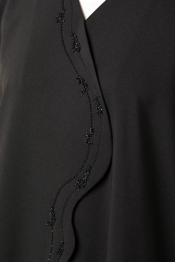 Black Kadi Crepe Custom Abaya with Overlap Beadwork Panel